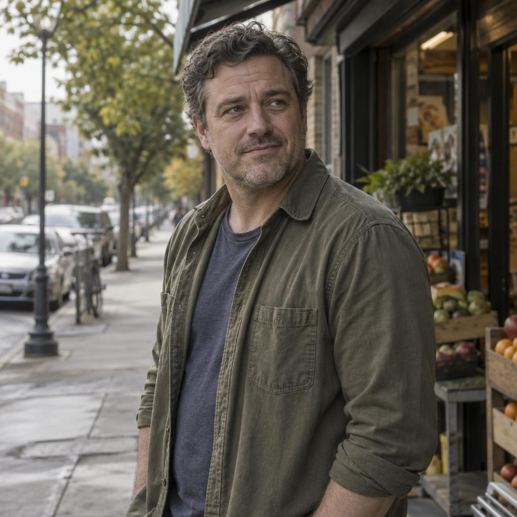 Grounded Indie-Film Portrait: Waist-up indie-film portrait beside a neighborhood corner shop, with no readable signs.