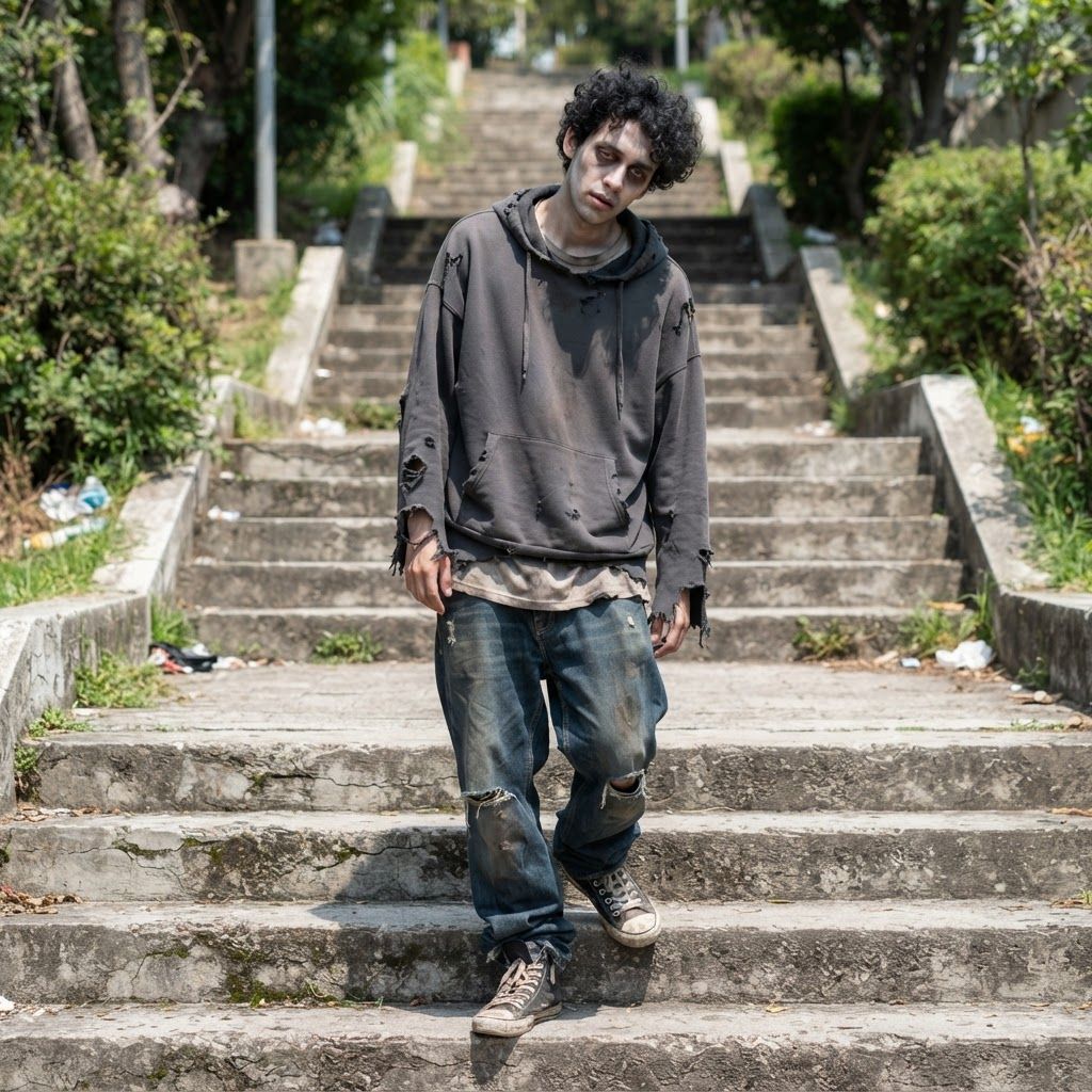 Daylight Zombie in Torn Streetwear: Photograph a lone zombie head to toe on broad, sunlit concrete steps, viewed from slightly above.
