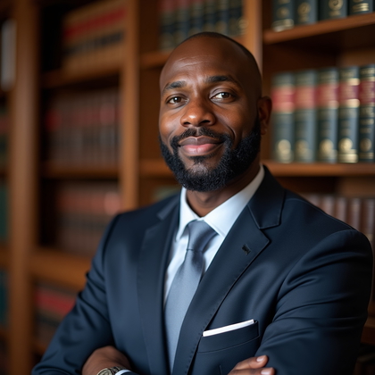 AI-generated photo: Professional headshot: corporate attorney persona framed against a law firm library nook with walnut...