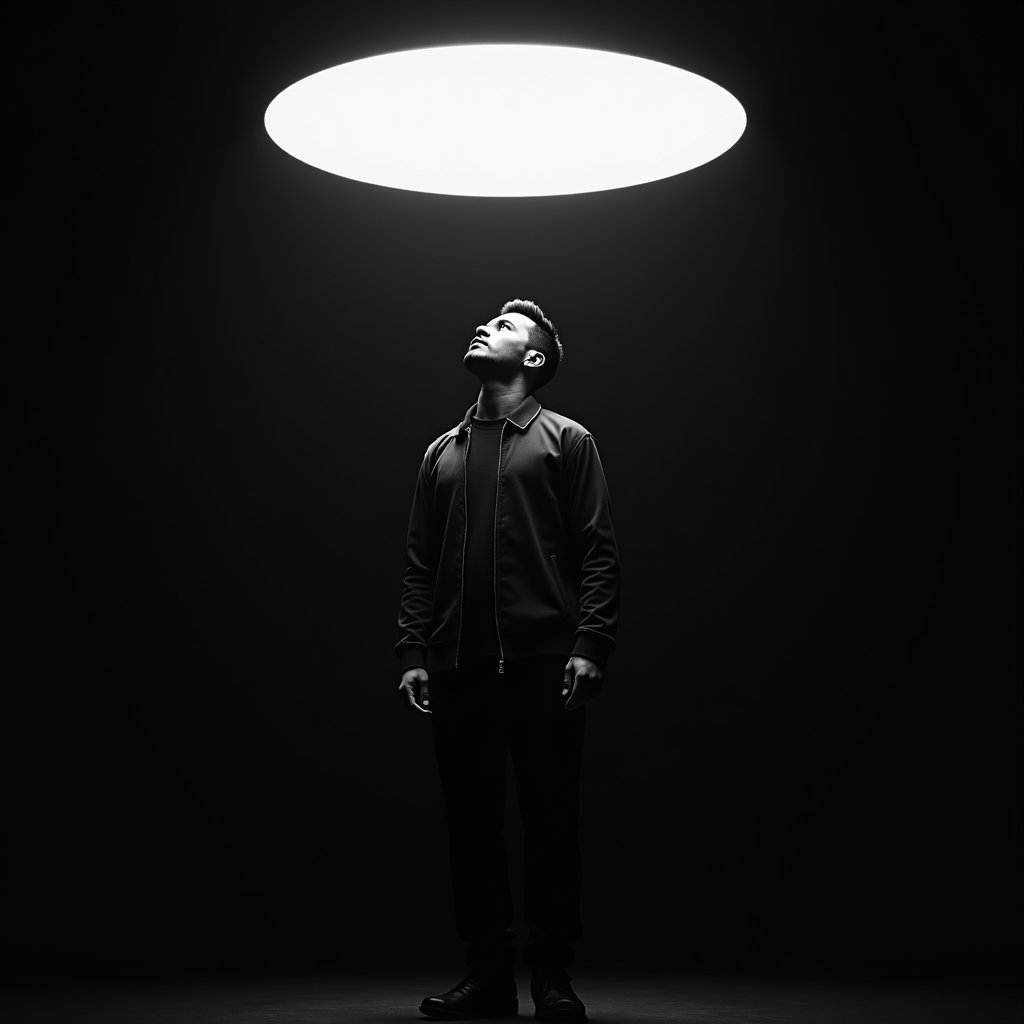 Moody Black-and-White Ballad Album Cover Portraits example: Photorealistic black-and-white album cover photo. Editorial hero image with the subject standing centered under a circul