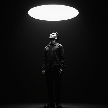 Moody Black-and-White Ballad Album Cover Portraits example: Photorealistic black-and-white album cover photo. Editorial hero image with the subject standing centered under a circul
