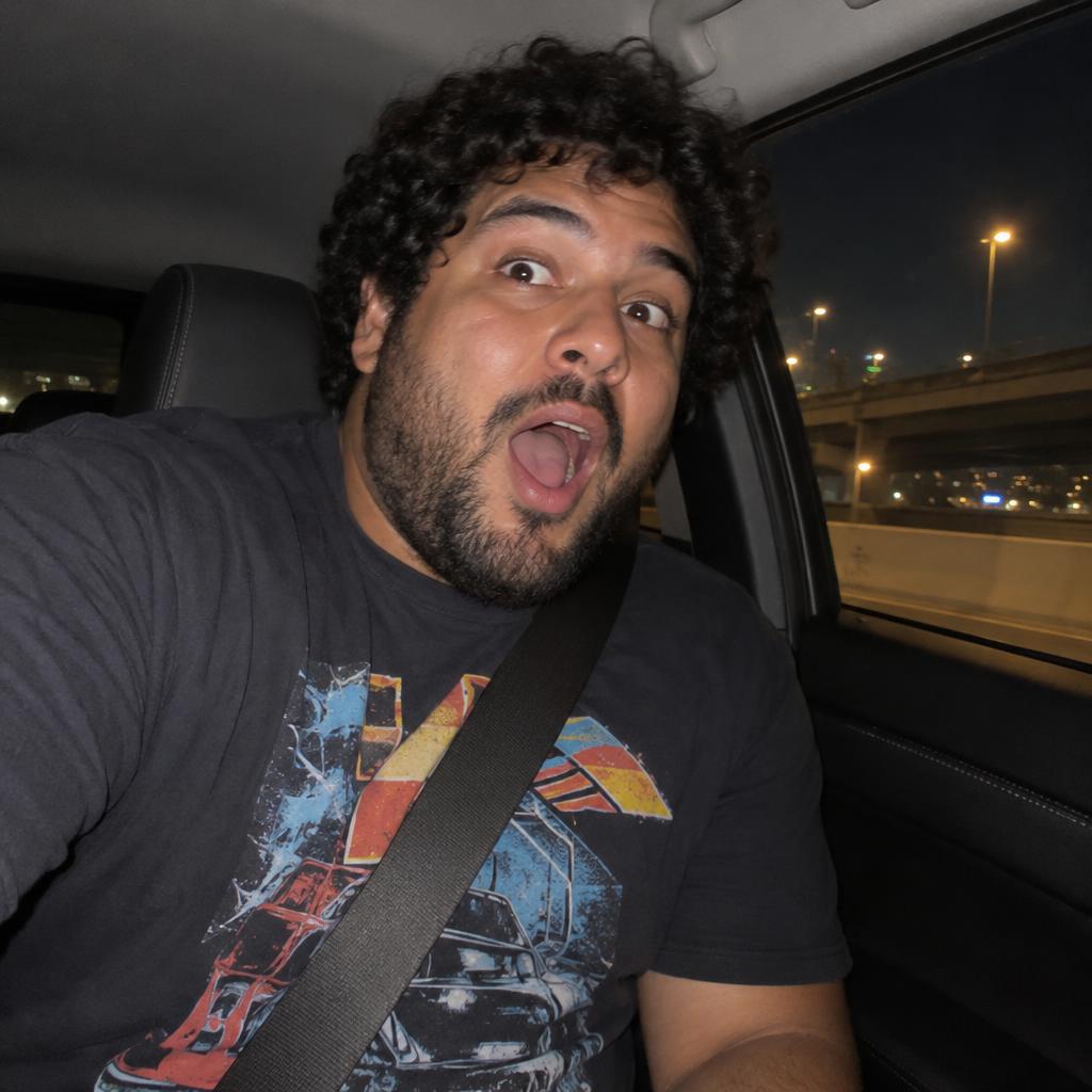 Car-Seat Point-and-Shoot: A loose, horizontal flash snapshot from the center console showing one person leaning forward from the front passenger seat and making an…