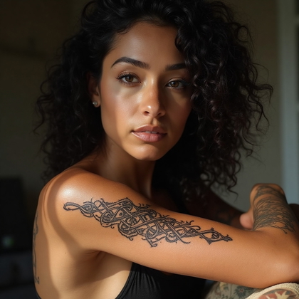 AI-generated photo: Photorealistic photography of a woman showcasing an intricate Celtic knotwork tattoo design. The tat...
