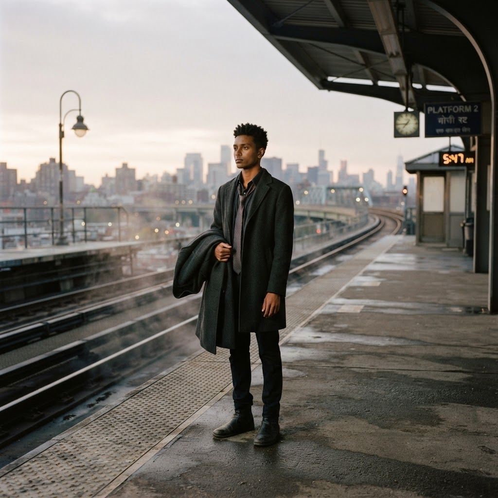 Dawn After The Case: A full-body dawn portrait on an empty elevated train platform, the subject standing alone with an overcoat folded over one arm and a…