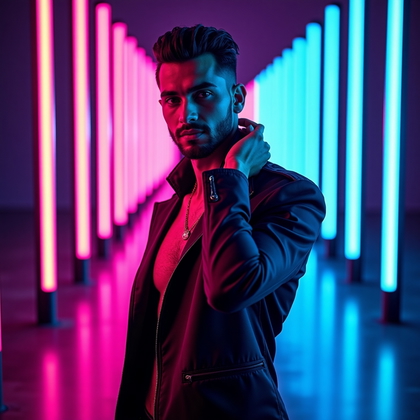 AI-generated photo: Photorealistic high-end neon studio portrait photography. The subject is posed standing in front of ...