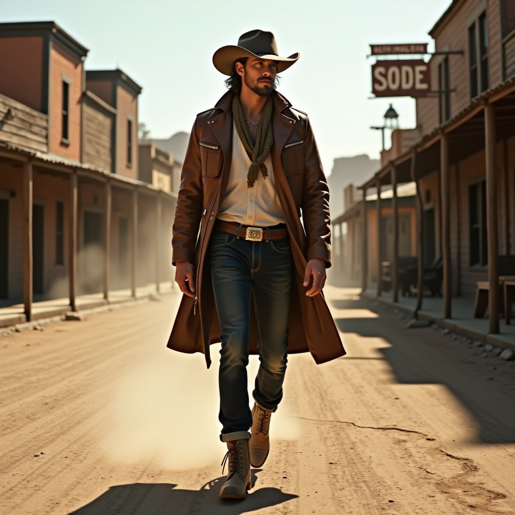 AI-generated photo: Photorealistic cinematic fashion photography, a lone cowboy walks slowly through a weathered ghost-t...