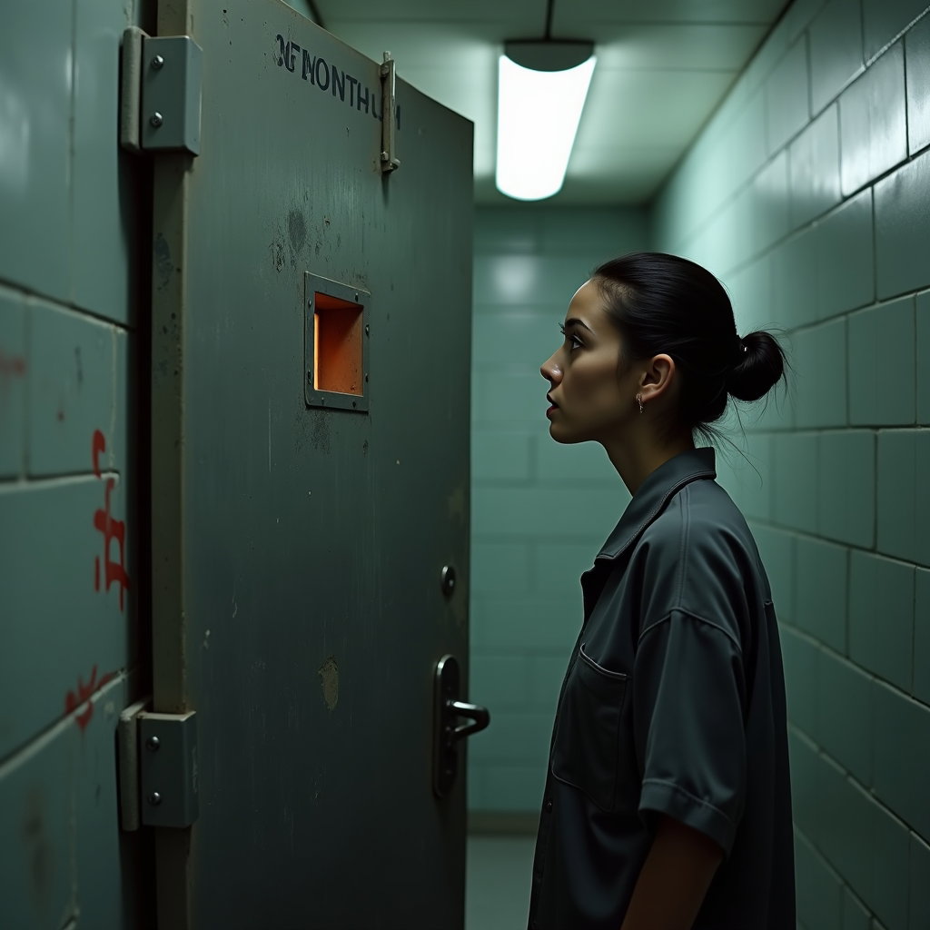 AI-generated photo: Photorealistic prison portrait photograph, the person stands close to the cell door in solitary conf...