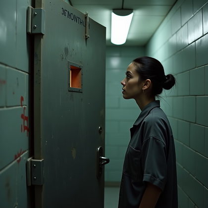 AI-generated photo: Photorealistic prison portrait photograph, the person stands close to the cell door in solitary conf...