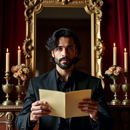 Mirror Reflection Poetcore Portrait With a Handwritten Letter example: Photorealistic editorial portrait photography, a cinematic hero image centered on a large gilded mirror with the subject