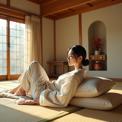 AI-generated photo: Photorealistic fashion portrait photography. A soft indoor tatami room portrait with the subject rec...