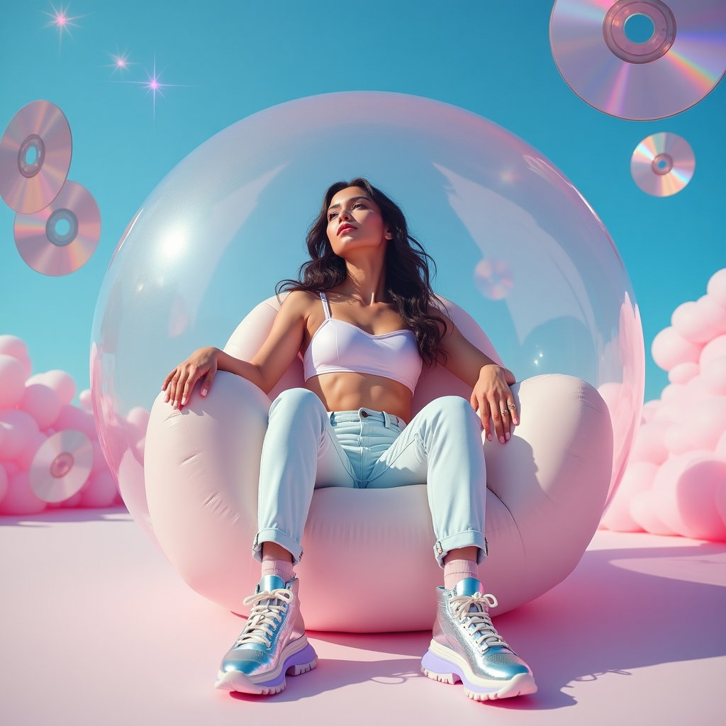 Retro Y2K Pop Princess Album Cover Photos example: Photorealistic Y2K pop album cover photo. Unexpected creative variation with the subject posed inside a giant clear infl