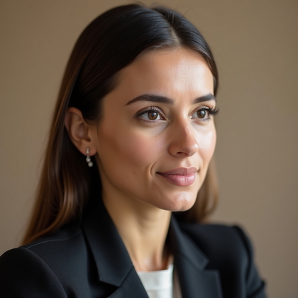 AI-generated photo: Professional headshot, thoughtful listening look captured mid-conversation at a slight three-quarter...