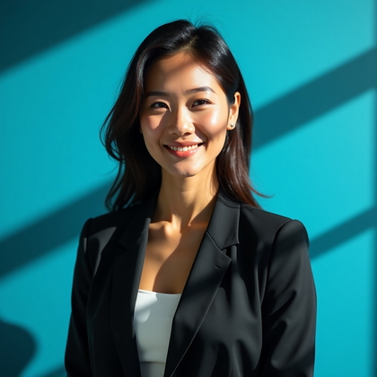 AI-generated photo: Professional headshot: hot cyan seamless with sharp, diagonal window-blind shadows cast across the b...