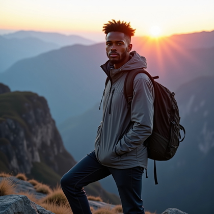 Photorealistic outdoor portrait on a mountain overlook at sunrise with the subject standing on a granite outcrop, one foot braced on a higher rock, windbreaker layered over casual trailwear and a small daypack slung neatly. Low-angle sun creates a warm rim along shoulders and jawline as the subject faces the camera, layered peaks fade into cool blue haze in the background, and the composition uses leading lines of the ridgeline to draw attention to the face.