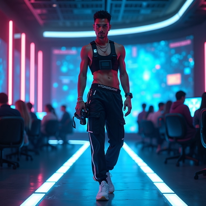 AI-generated photo: Photorealistic high-fashion gamer avatar portrait, full vertical composition showing from mid-thigh ...