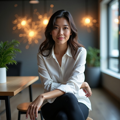 AI-generated photo: Professional headshot photograph set against a venture studio backdrop with glass partitions, an ind...