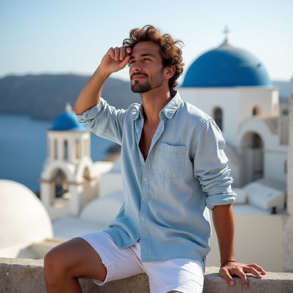 AI-generated photo: Travel Backdrop Portrait situated in a picturesque Greek island setting. The man is dressed in a lig...