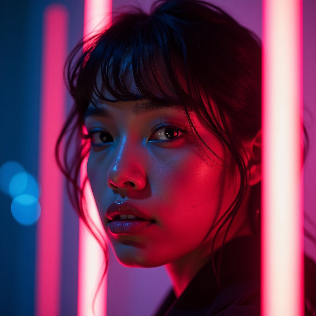 Clean Background Portrait That Doesn’t Get Lost example: Photorealistic festival portrait photography, unexpected creative portrait using a clear reflective acrylic sheet in fro