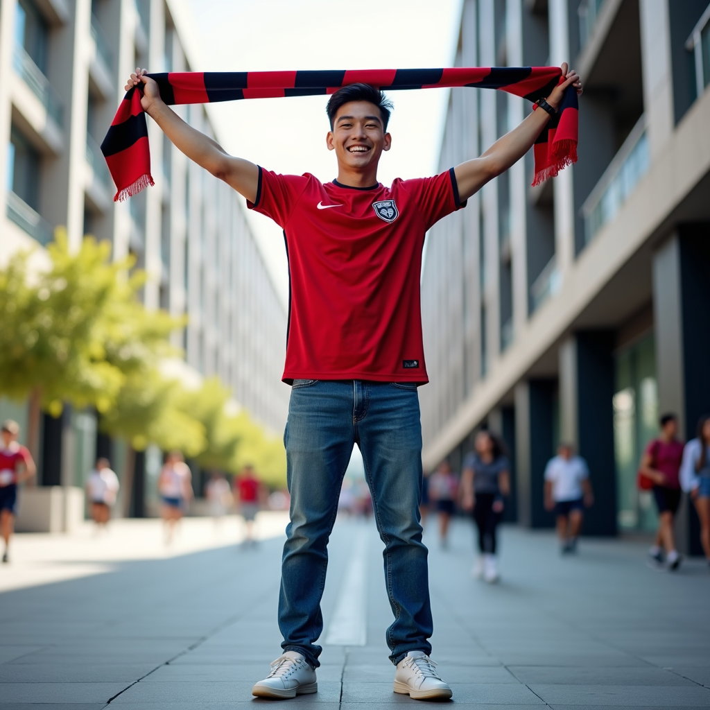 Simple Jersey-and-Scarf World Cup Fan Portraits example: Photorealistic sports fan portrait photography. Full-body portrait of a fan in a jersey, jeans, sneakers, and a scarf he