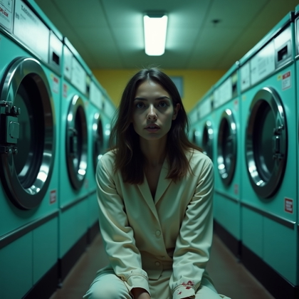 Minimal Blood Clean-Face Survivor Portrait example: Cinematic horror portrait photo. Environmental portrait inside an all-night laundromat, the survivor seated between humm