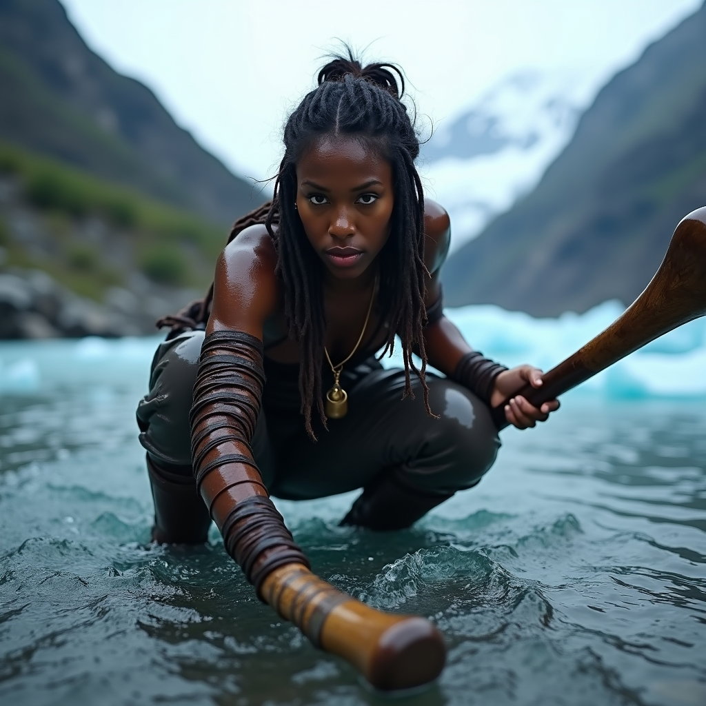 AI-generated photo: Photorealistic location portrait in a high-mountain glacial stream, the subject crouched low on a sl...