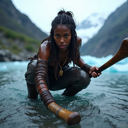 AI-generated photo: Photorealistic location portrait in a high-mountain glacial stream, the subject crouched low on a sl...