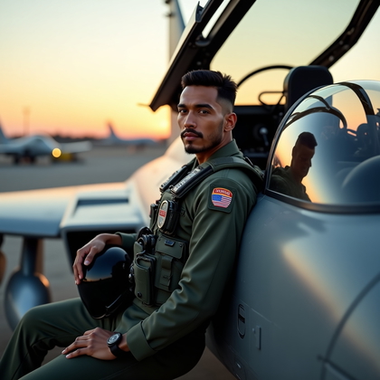 AI-generated photo: Photorealistic military pilot in a flight suit seated in an open cockpit on the tarmac, helmet resti...