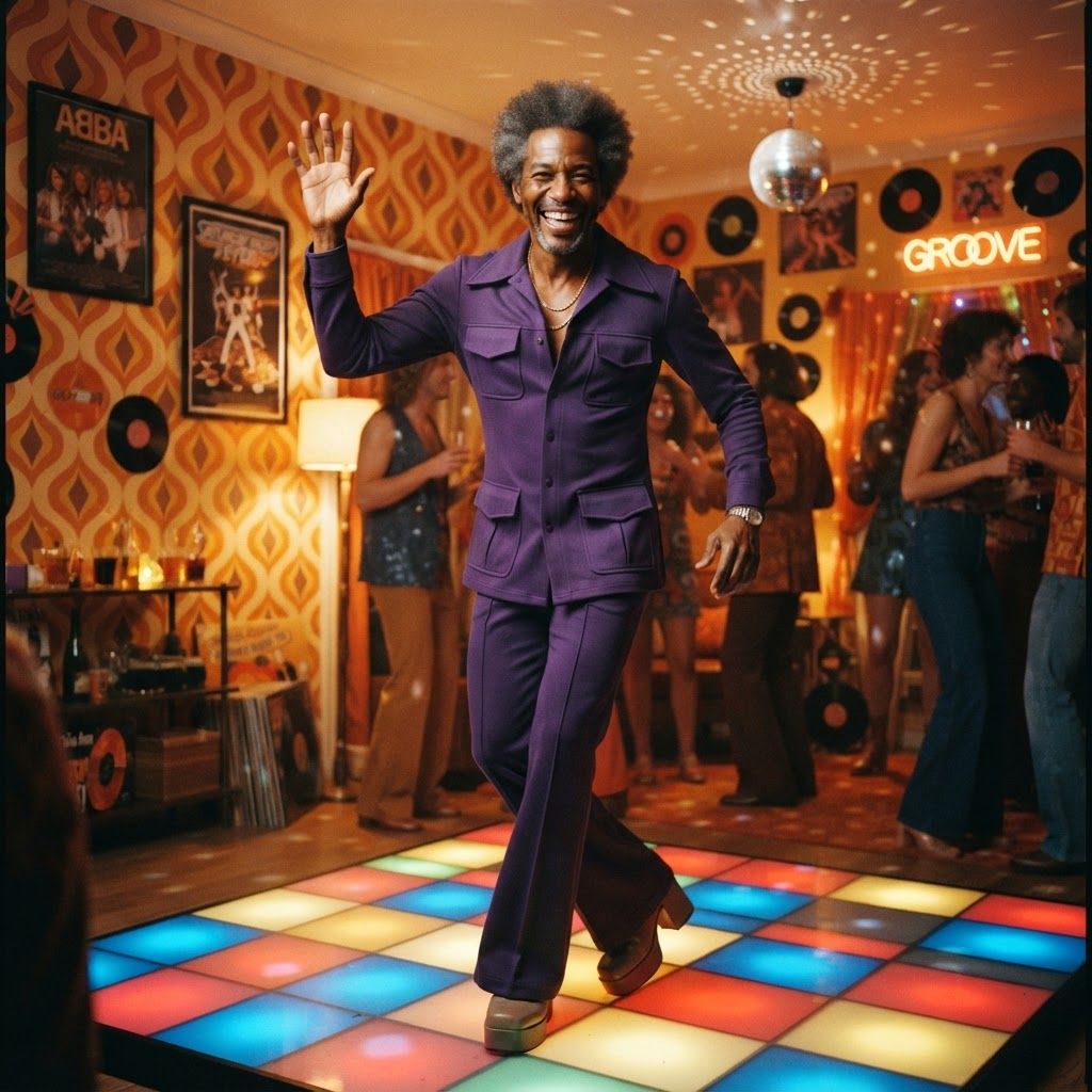 Retro Disco Star in Motion: Eye-level full-body portrait in a small 1970s-inspired party room.
