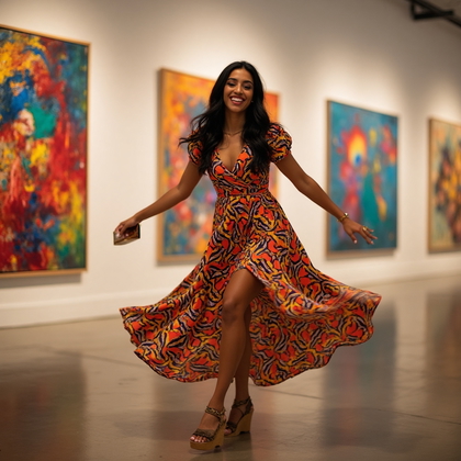 AI-generated photo: Tinder allure photo capturing a woman in a playful and dynamic pose at a vibrant art gallery. She we...