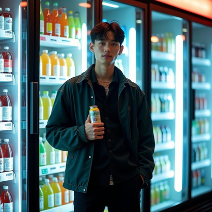 AI-generated photo: Photorealistic lifestyle fashion photography. A late-night Japanese convenience store portrait captu...