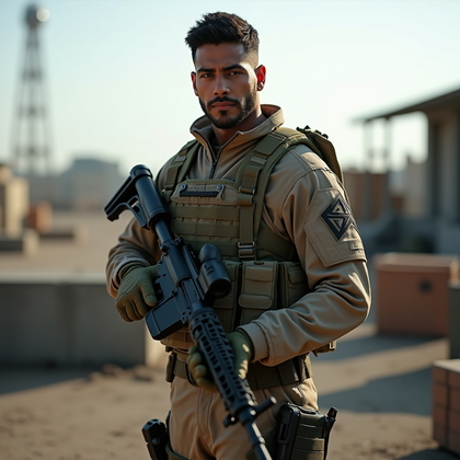 AI-generated photo: Photorealistic military portrait photograph, subject in full combat uniform and plate carrier standi...