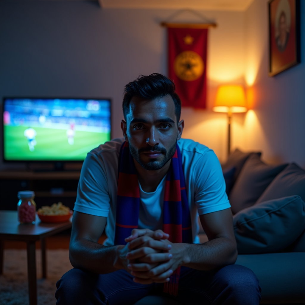 Natural Fan Portraits That Avoid Forced Poses example: Photorealistic environmental fan portrait photography. A single fan seated at the edge of a couch during a home World Cu