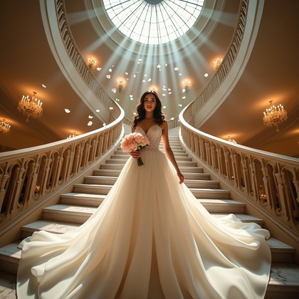 AI-generated photo: Photorealistic wedding photography. In a palace foyer with a soaring dome and a sweeping double stai...