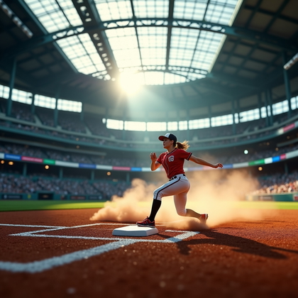 AI-generated photo: Photorealistic professional sports action photo inside a translucent-roof ballpark where a single su...