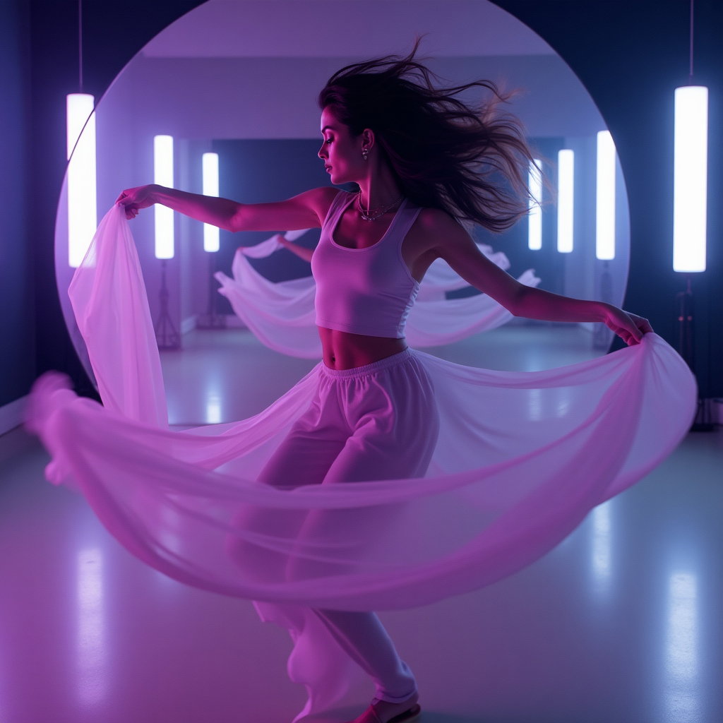 Motion-Based Dance Pop Album Cover Photos example: Photorealistic dance-pop album cover photo. Motion-action portrait inside a mirrored rehearsal studio, the subject mid-s