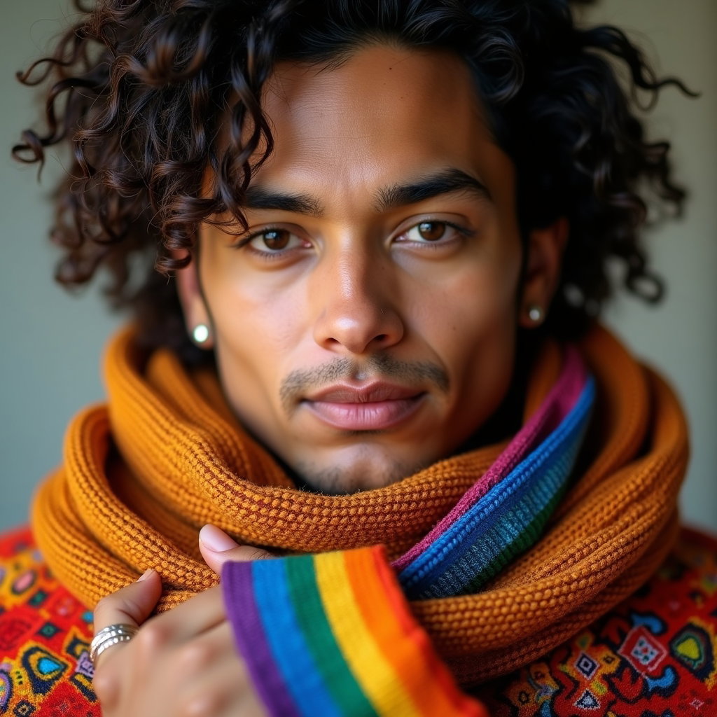 Heritage-Inspired Pride Portraits That Blend Culture and Identity example: Photorealistic close-up portrait photography. A face-forward portrait with the subject holding a heritage-inspired texti