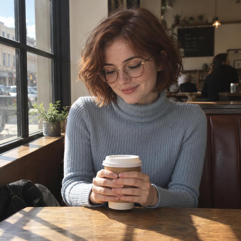 Coffee-Shop Film-Grain Portrait: Waist-up portrait of one person seated in a café booth directly beside a sunlit window, wearing round glasses and a pale blue ribbed…