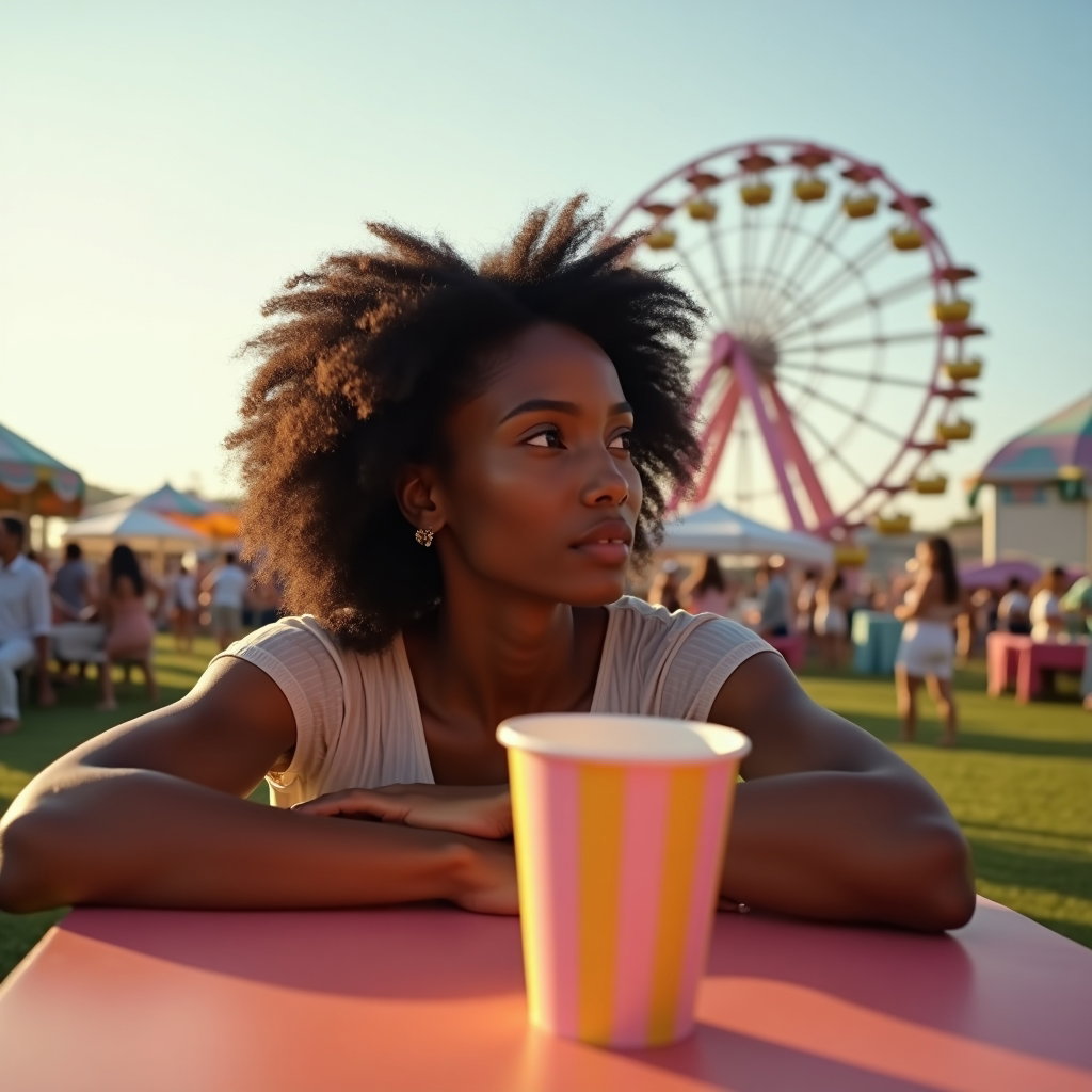 Ferris Wheel Daydream Portrait example: Photorealistic festival portrait photography. Intimate close-up at a quiet picnic table near the midway, the subject res