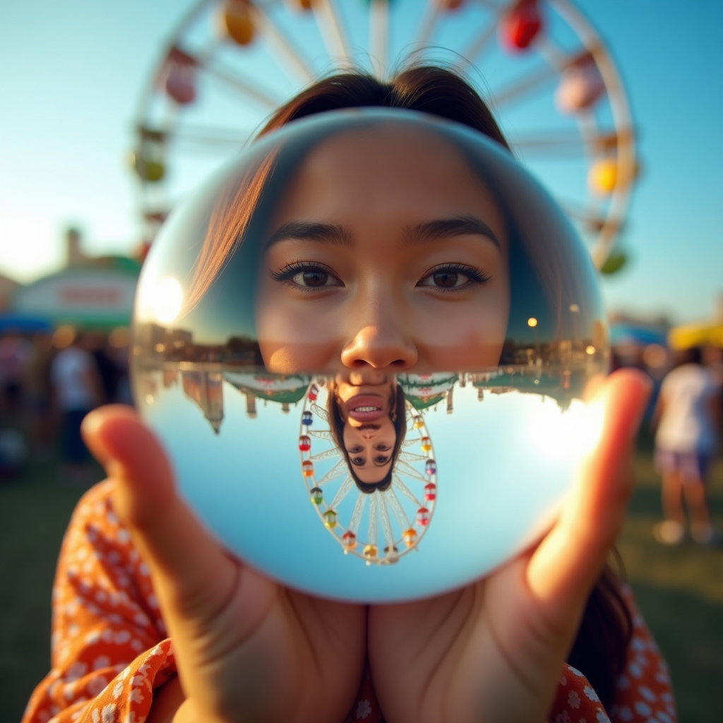 Ferris Wheel Daydream Portrait example: Photorealistic prismatic festival portrait photography. Creative portrait seen through a clear souvenir snow globe held