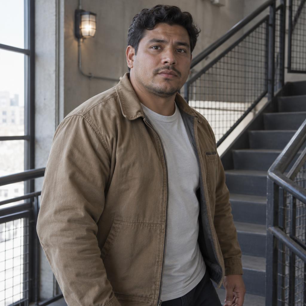 Action-Ready Performer: Realistic waist-up portrait at the turn of an industrial stairwell.
