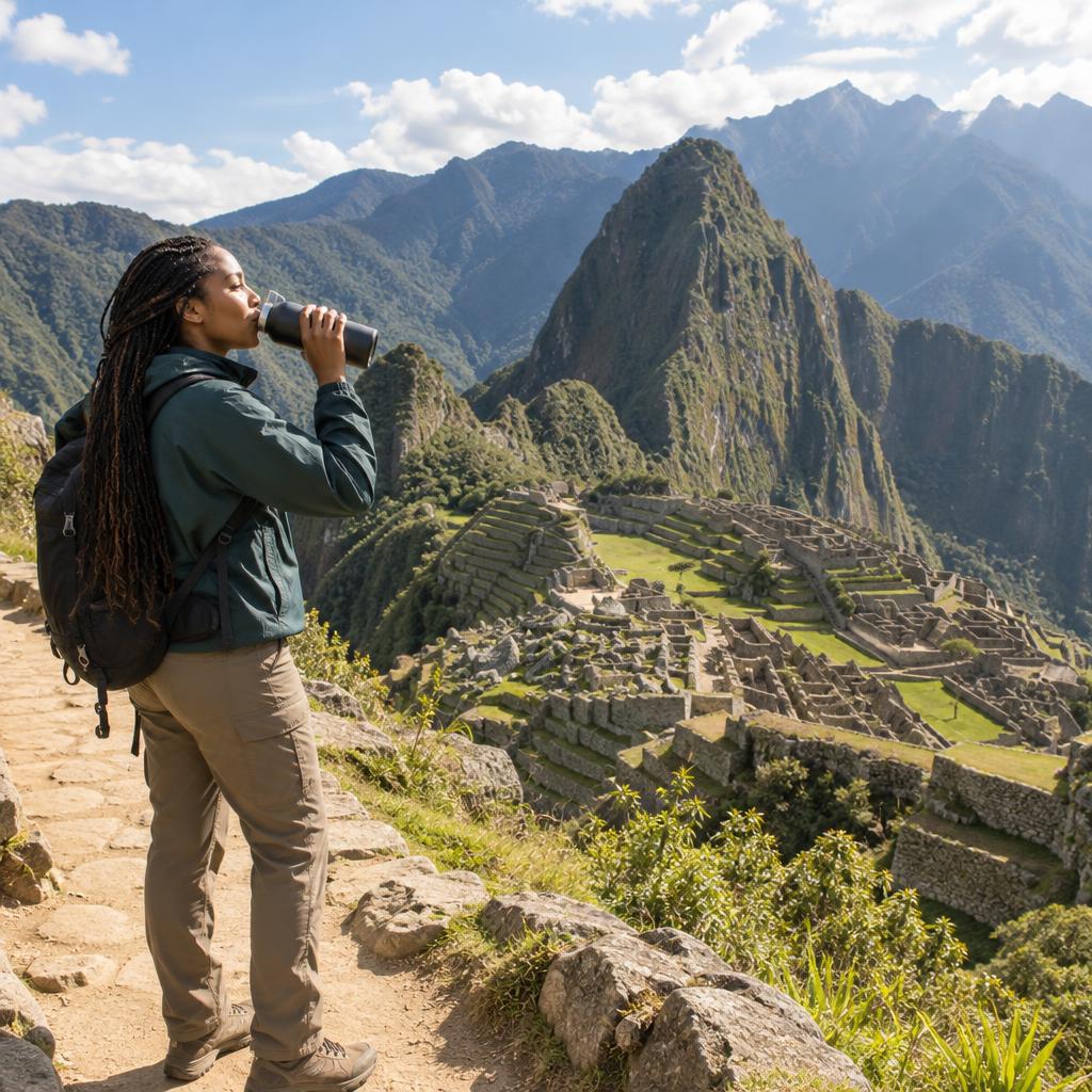 A Faraway Travel Milestone: Wide horizontal travel photo beside the overlook path, with one traveler in a windbreaker and dusty walking trousers taking a sip from a…