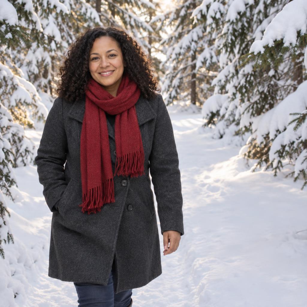 Snowy Evergreen Walk: Photorealistic holiday-card photo of one person walking toward the viewer through an archway of snow-laden pines.