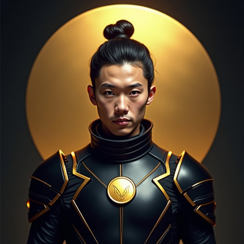 Black-and-Gold Idol Armor Portrait example: Cinematic fantasy avatar portrait photo. Square social-avatar crop with the subject centered front-facing, wearing strea