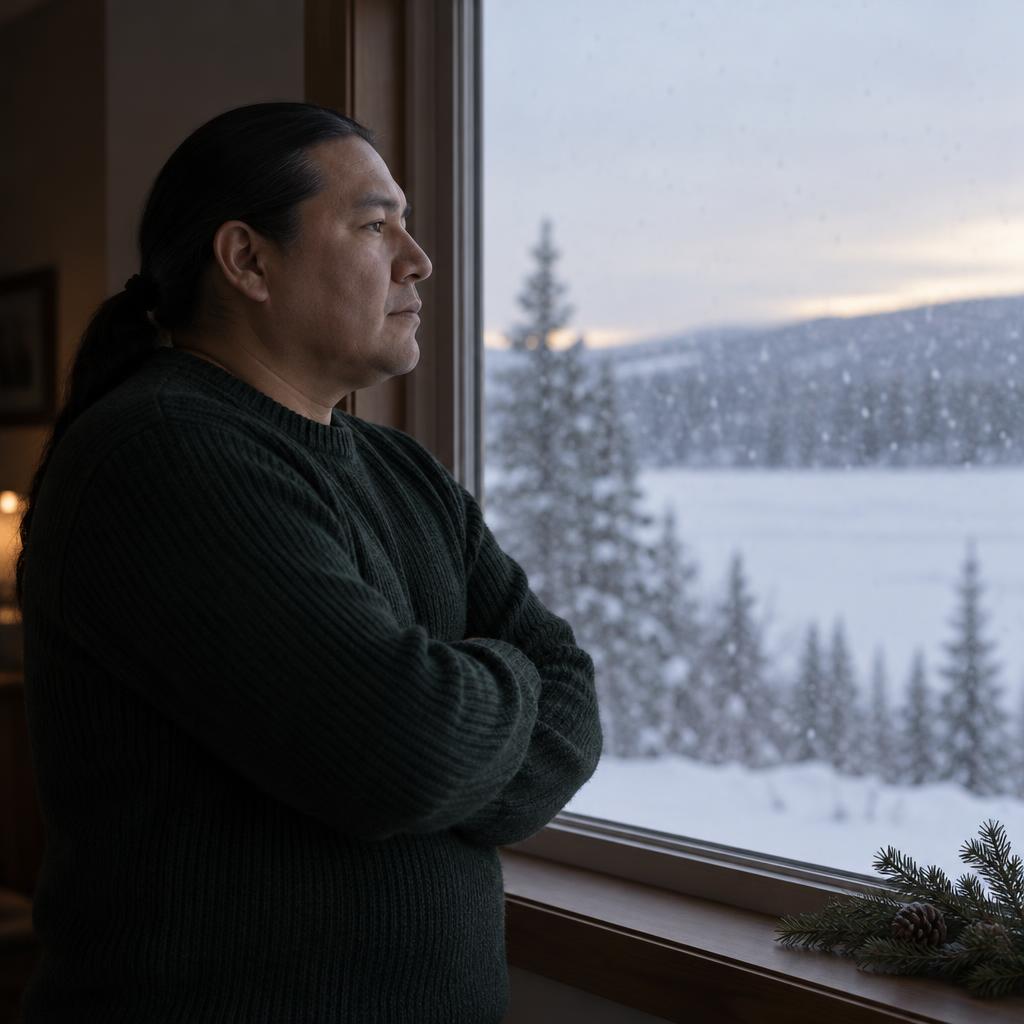 Window-Lit Snowfall Silhouette: A calm winter card scene at a wide, unadorned window.