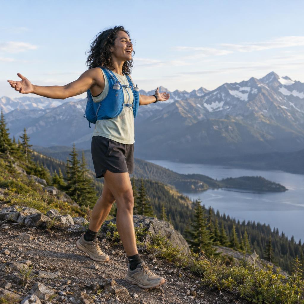 Reaching A Fitness Summit: Wide side-profile photo on an alpine trail crest above a lake.