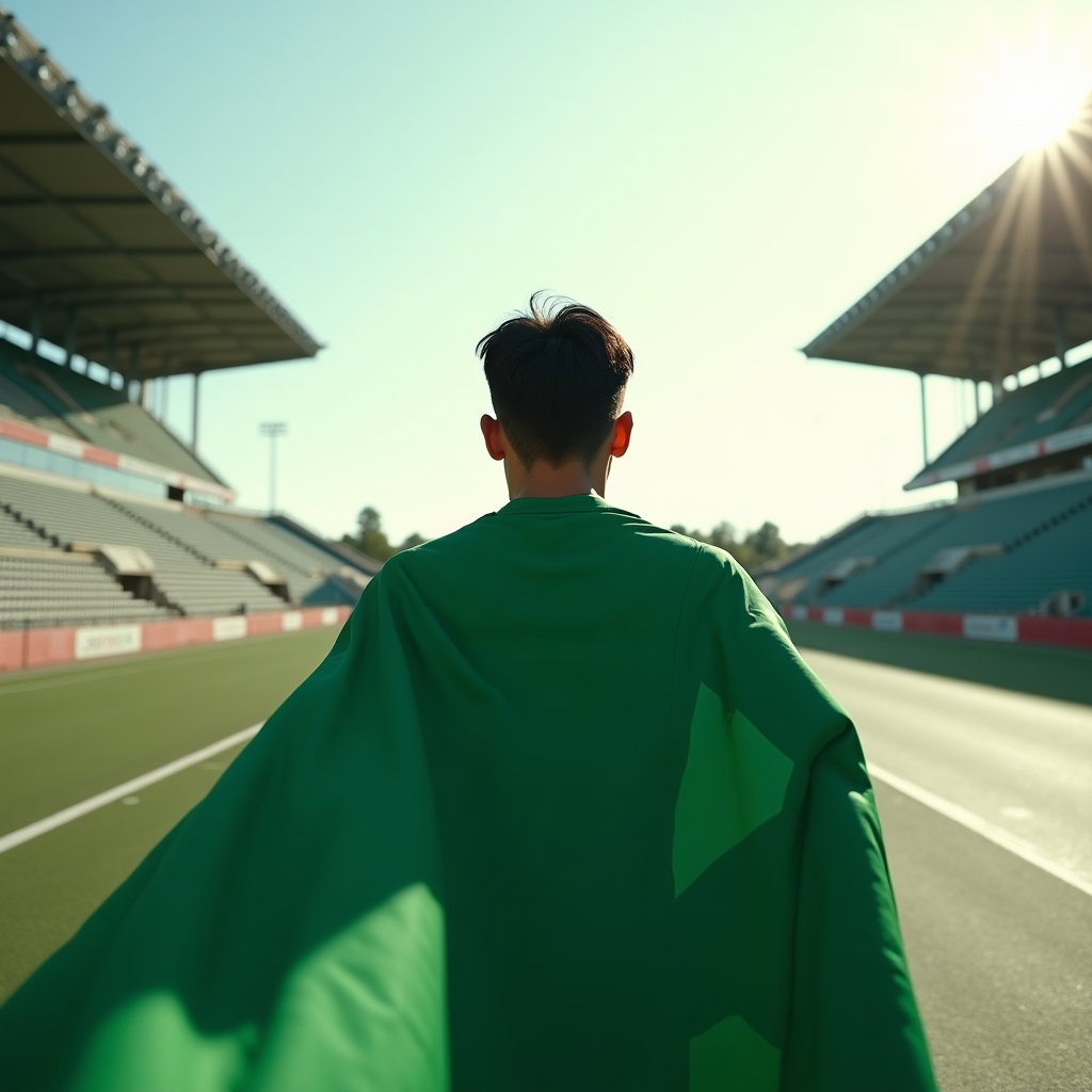 Stadium Arrival Hero Portraits example: Photorealistic sports portrait photography. Full-body hero portrait of a single fan walking toward the stadium entrance