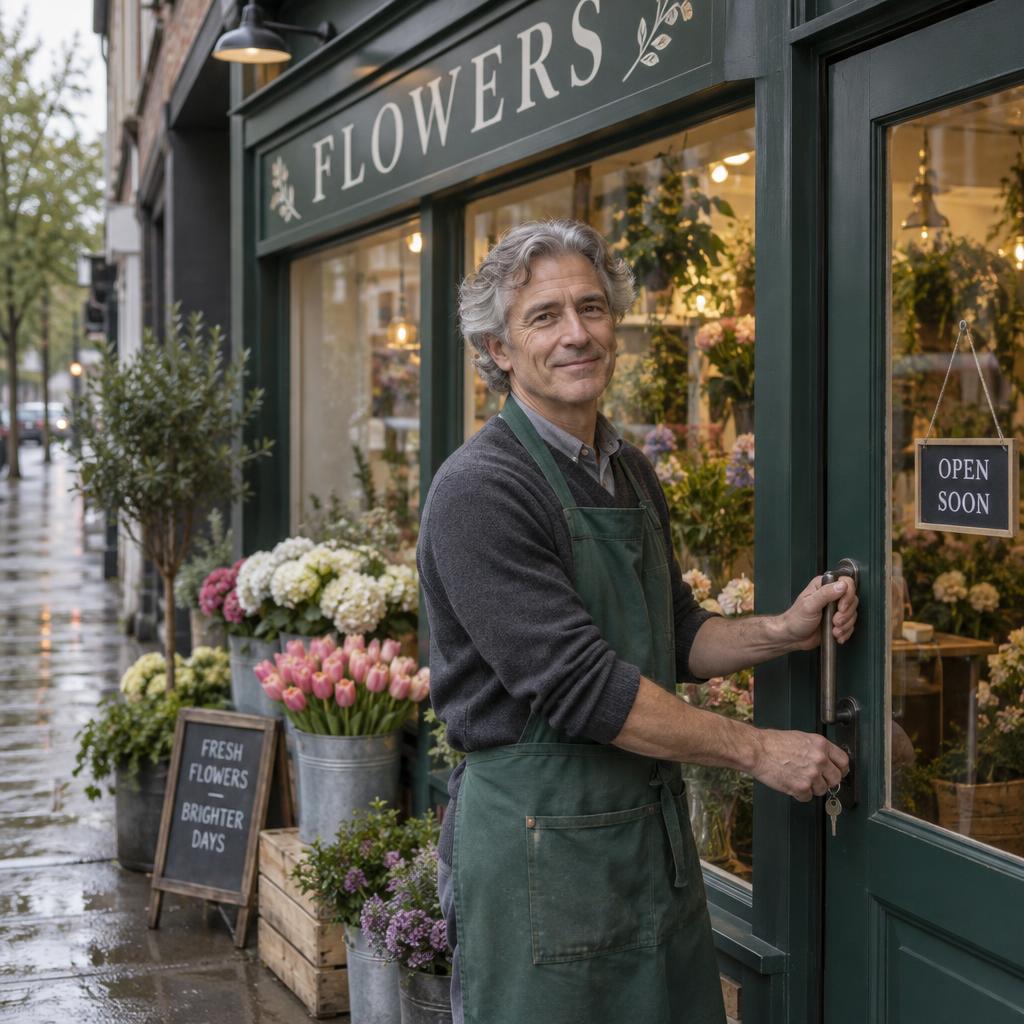 Launching An Independent Business: Eye-level portrait at the entrance to a small flower shop after a light rain.
