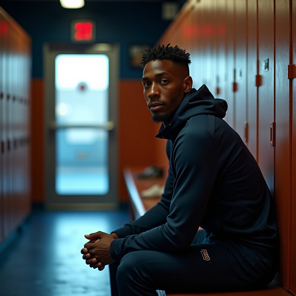 AI-generated photo: Photorealistic sports portrait photography. Athlete sits alone in the locker room on a wooden bench,...