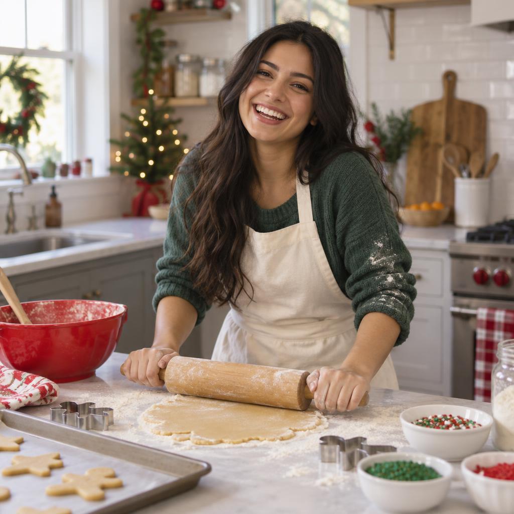 Candid Holiday Baking Moment: Cheerful holiday baking portrait at a colorful kitchen island.
