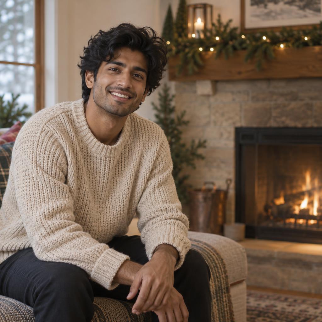 Fireside Seated Portrait: Photorealistic waist-up portrait of one person seated on a cushioned bench next to a softly glowing fireplace.